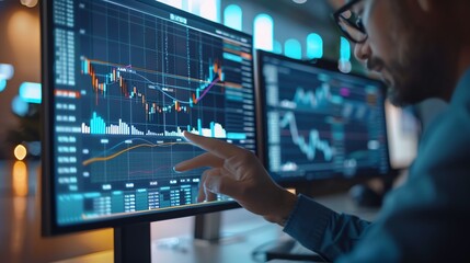 A businessman analyzing financial data on a computer screen. He is studying graphs and charts to make informed business decisions.