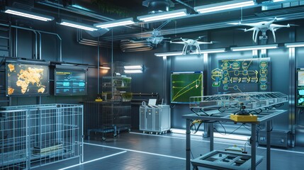 corporate drone development lab with prototypes, testing cages, and digital flight paths displayed on screens