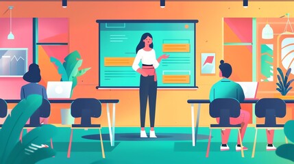 A businesswoman giving a presentation to colleagues in a modern office.  The image is bright and colorful, with a focus on collaboration and teamwork.