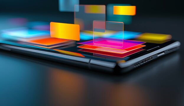 A smartphone with colorful web pages floating above it