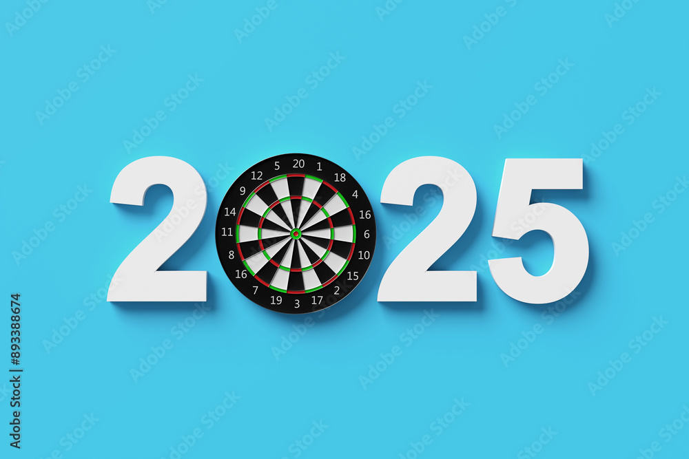 Poster dartboard replacing zero in 2025 signifying new year goals and resolutions