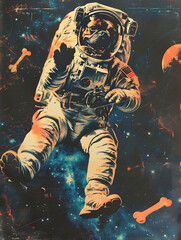 Astronaut Dog: A dog in a spacesuit floating in space with a floating bone nearby, while a UFO shaped like a frisbee flies close.


