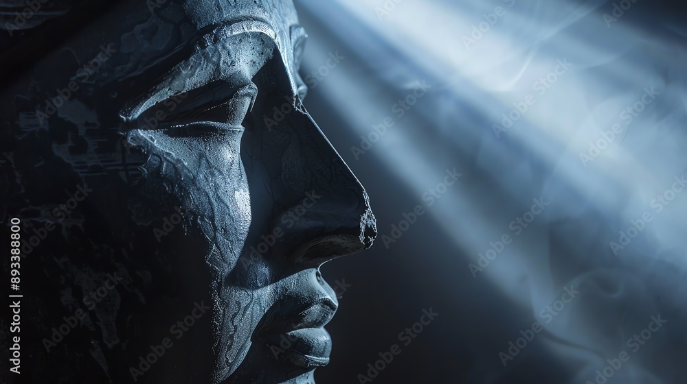 Poster a close-up profile of a stone sculpture illuminated by a beam of light, creating a dramatic and ethe