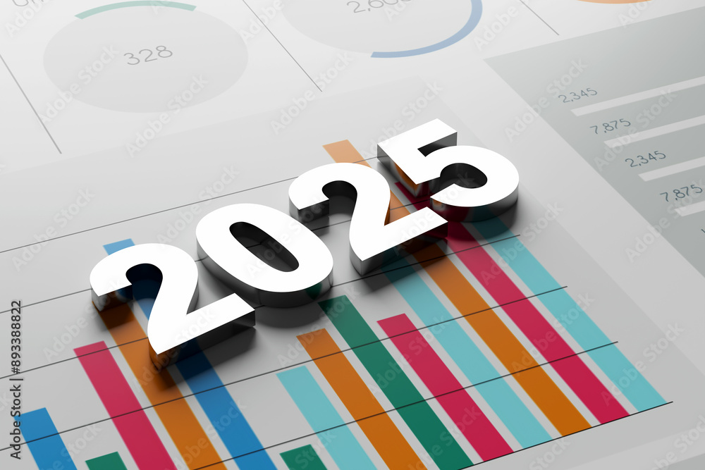 Poster 2025 year on charts and graphs showing increasing profits