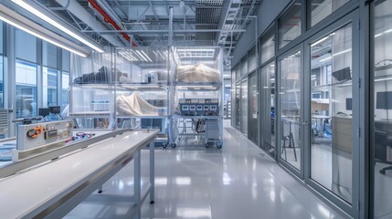 corporate fabric innovation lab with stretchable electronics, wearable technology prototypes, and testing areas for durability