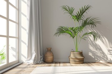 Fototapeta premium modern room with curtains and plant interior design. 3D illustration