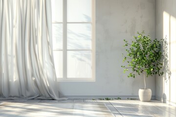 modern room with curtains and plant interior design. 3D illustration