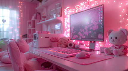 A pink-themed computer setup with cute decor.