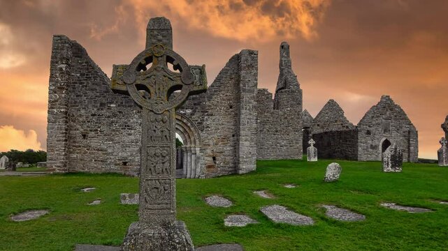 Clonmacnoise Monastery at sunset. Ireland