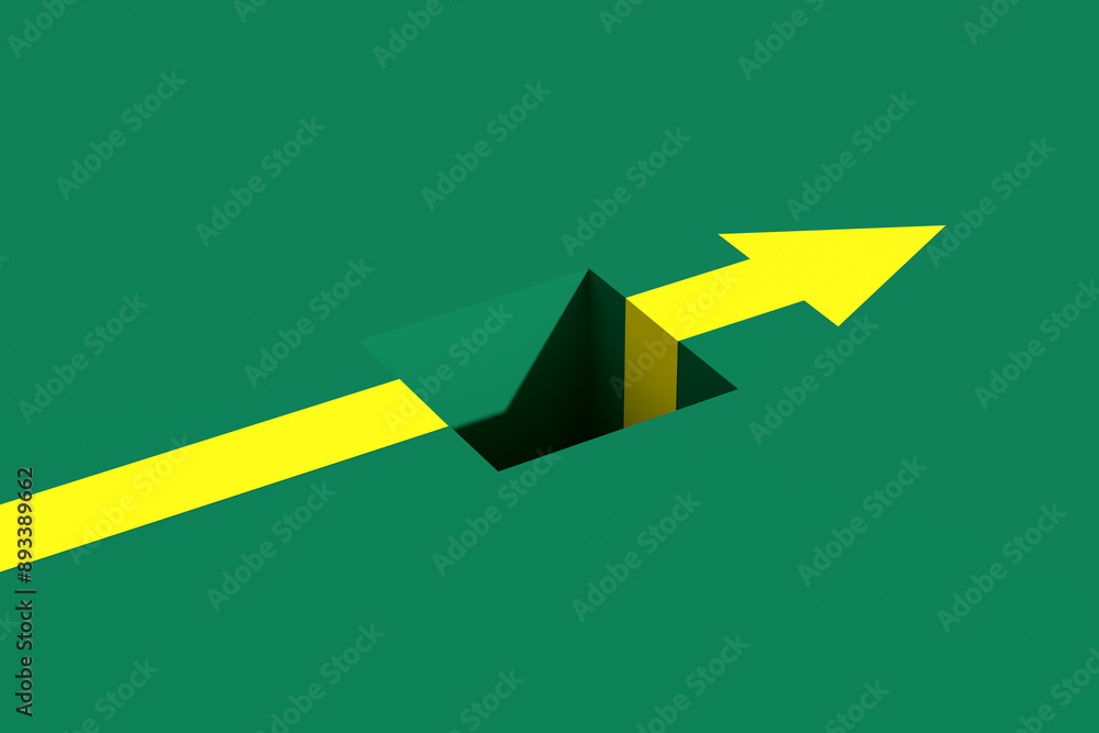 Poster yellow arrow changing direction avoiding obstacle on green background