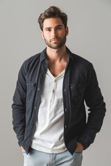 Fototapeta premium A stylish, fashionable man poses confidently, exuding modern elegance and charm in casual attire.