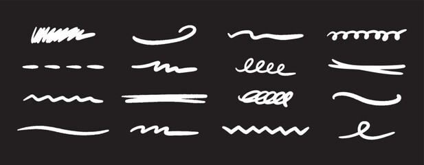 Vector doodle brush lines set. Hand-drawn charcoal smears, strikethroughs, and swirls. Horizontal sketchy wavy strokes