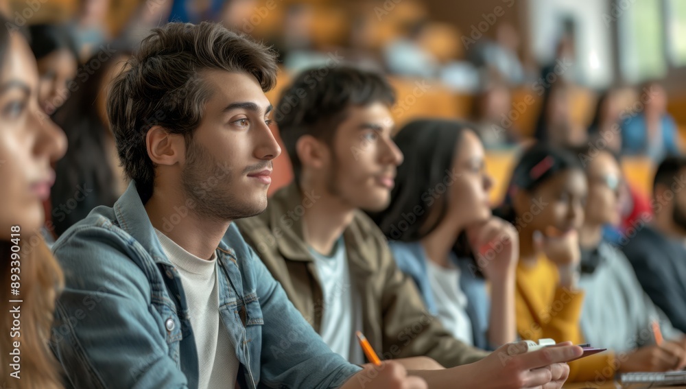 Poster in a lecture hall, college students are engaged in class, listening attentively, taking notes. the d