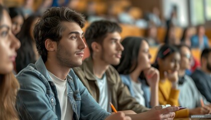 In a lecture hall, college students are engaged in class, listening attentively, taking notes. The diverse group focuses on education, participating in a dynamic learning environment