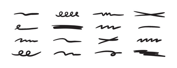 Vector doodle brush lines set. Hand-drawn charcoal smears, strikethroughs, and swirls. Horizontal sketchy wavy strokes