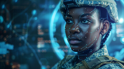  Portrait of an African American Female Soldier with Inclusive AI Facial Recognition Technology in a High-Tech Environment, Showcasing Diversity and Modern Military Innovation.