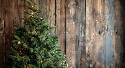 Small Pine Tree Against Weathered Wood Wall