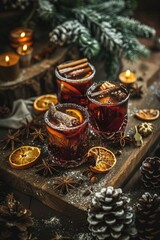 Fototapeta premium Rustic Winter Warmth: Hot Mulled Wine with Spices and Herbs in Cozy Setting