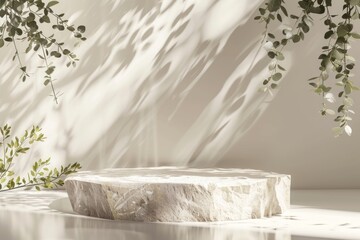 Realistic Natural stone podium for product presentation with sunlight shadow leaves. Podium, stage pedestal