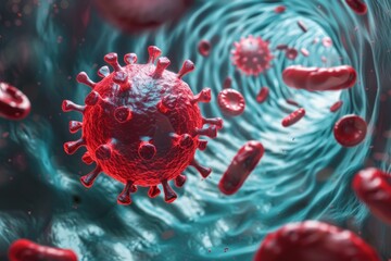 Red blood cells and virus flowing through the vein