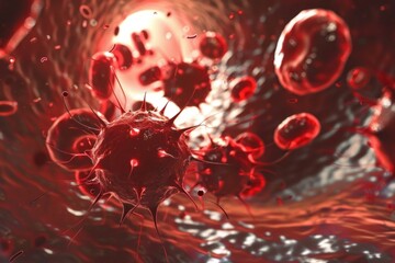 Red blood cells and virus flowing through the vein