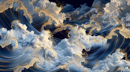 Golden Waves of Serenity Stunning High Detail Stock Image Capturing Intricate Blue and Gold Cloud Patterns Perfect for Relaxation and Inspiration