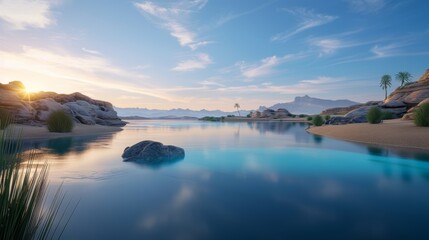 Fototapeta premium An isolated oasis in a vast, shimmering desert with crystalline water and exotic, luminous plants.