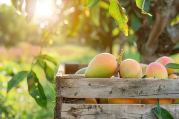 Ripe Mangoes in a Wooden Crate Under a Sunny Orchard Tree
