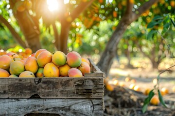 Ripe Mangoes in a Wooden Crate Under a Sunny Orchard Tree