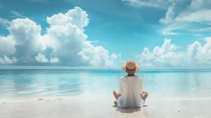 Fototapeta premium A lone figure sits on a sandy beach, gazing out at the clear blue ocean under a bright sky with fluffy white clouds.