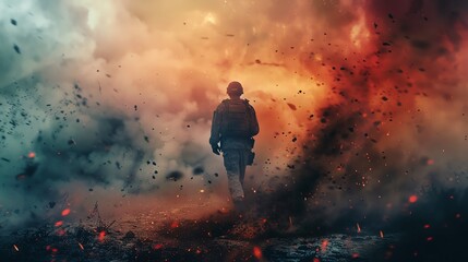 Obraz premium A lone figure stands amidst a fiery explosion, surrounded by smoke and debris. The scene evokes feelings of destruction and resilience.