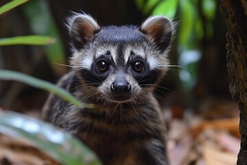 curious raccoon peers out, its fluffy fur blending with the lush greenery.