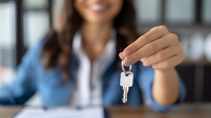 Close up focus on keys, smiling woman realtor selling apartment, offering to client, showing at camera