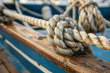 Fototapeta premium Rope that tied the ship closeup on the background of the ships side