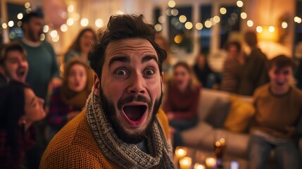 A man with a surprised expression at a party, surrounded by friends and festive lights.