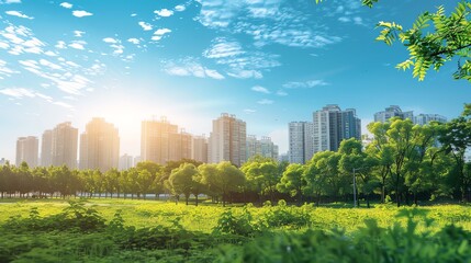 Obraz premium A modern cityscape with lush green trees and a grassy field under a bright blue sky. The sun shines brightly, creating a warm and inviting atmosphere.