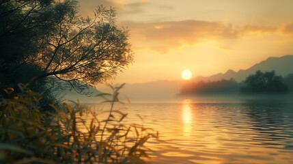 Fototapeta premium A serene sunset over a calm lake, with a lone tree in the foreground and misty mountains in the distance.