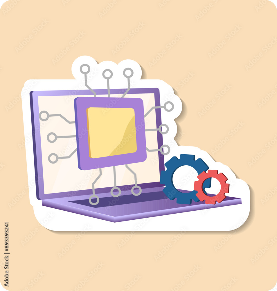 Poster illustration of artificial intelligence development process using laptop computer