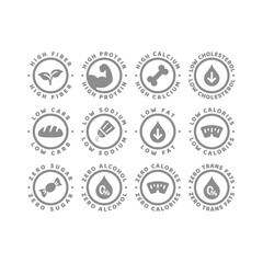 High protein, low fats and zero alcohol label set. Low carb, high fiber and calcium vector labels.