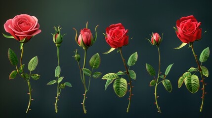 Naklejka premium A red rose bush with blooms at various stages, showcasing the life cycle of the flower.