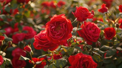 Obraz premium A red rose bush with multiple blooms, each rose at a different stage of blossoming.