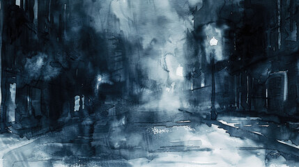 Obraz premium A dark, foggy street in a city, lit by a streetlight