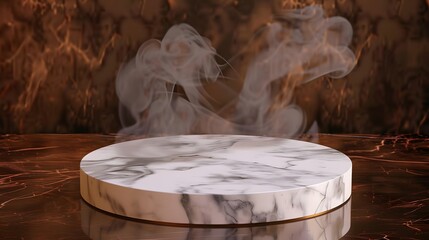A round marble podium with smoke in the air, a product presentation on a brown background