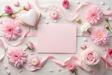 Top view mockup square pink blank card sheet of paper with pink flowers branch Background. 3D flat wedding greeting card Valentine mockup