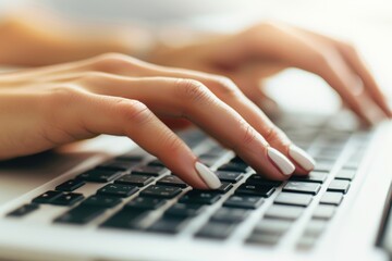 Fototapeta premium Close-up of Female Hands Typing on Laptop Keyboard for Business and Technology