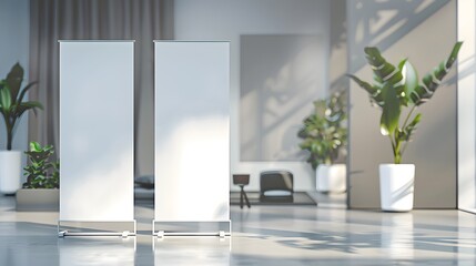 A mockup of two empty white roll up banner stands in an office environment, advertising or branding visuals