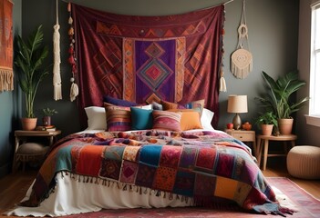 A colorful boho bedroom radiates warmth and individuality with its eclectic mix of textures and vibrant hues