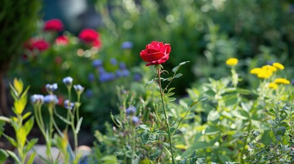 Obraz premium A single red rose in a flowerbed, standing out among other garden plants.