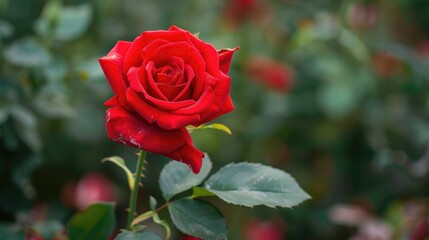 A single red rose in a garden, with a soft-focus background of green leaves.