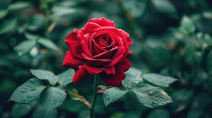 A single red rose in a garden, with a soft-focus background of green leaves.